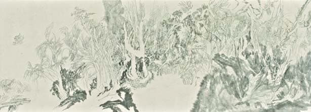 바람의 윤곽, 순지에 연필, 먹, 금분, 63x870cm(부분), 2014