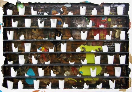 showcase-Yellow_Mixed media, Plaster of cups on wood box_140x90cm_2011​