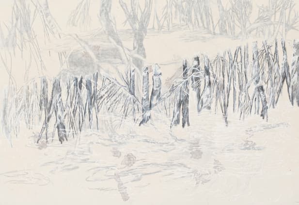 바람걸음 - 층, 순지에 흑연, 아크릴, 분채, 백토, 금분, 은분, 65.5cm × 96cm, 2015