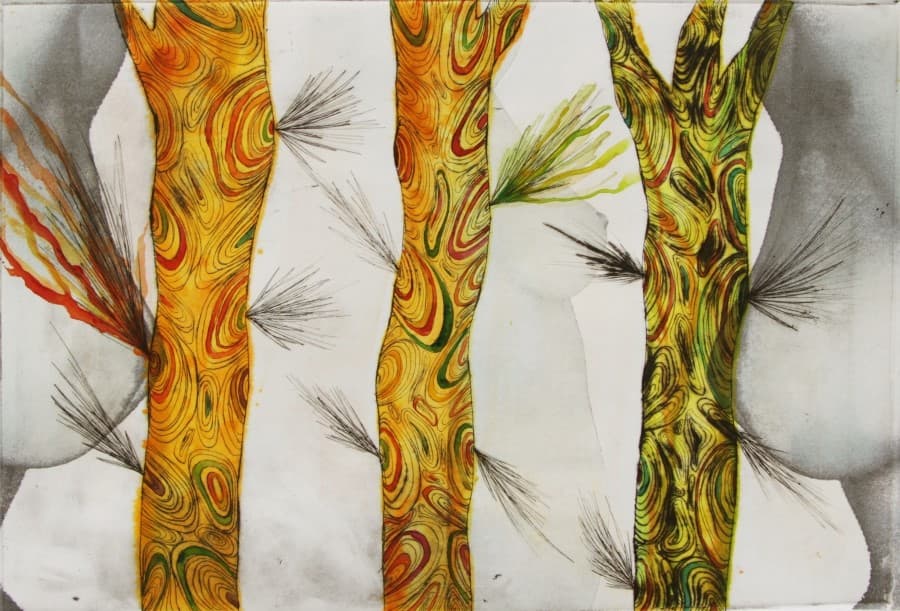 protective coloration-숲속에 숨다, 29x39, drypoint, monotype, transfer,2013