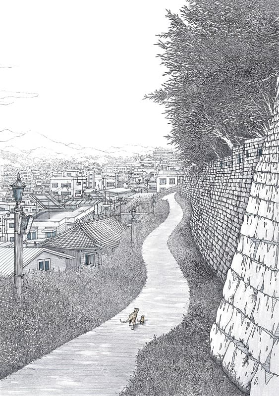 성곽마을 이야기Ⅱ, 종이에 피그먼트 펜과 색연필, 42 x 59cm, 2017