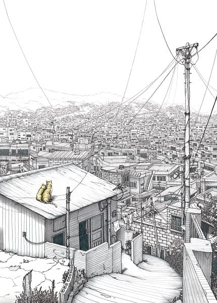 골목길과 고양이의 이야기(부산 범일동), 종이에 피그먼트 펜과 색연필, 61 x 44cm, 2016