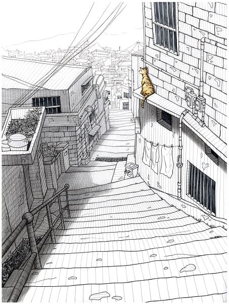 골목길과 고양이의 이야기(서울 북아현동), 종이에 피그먼트 펜과 색연필, 23.5 x 30.5cm, 2015