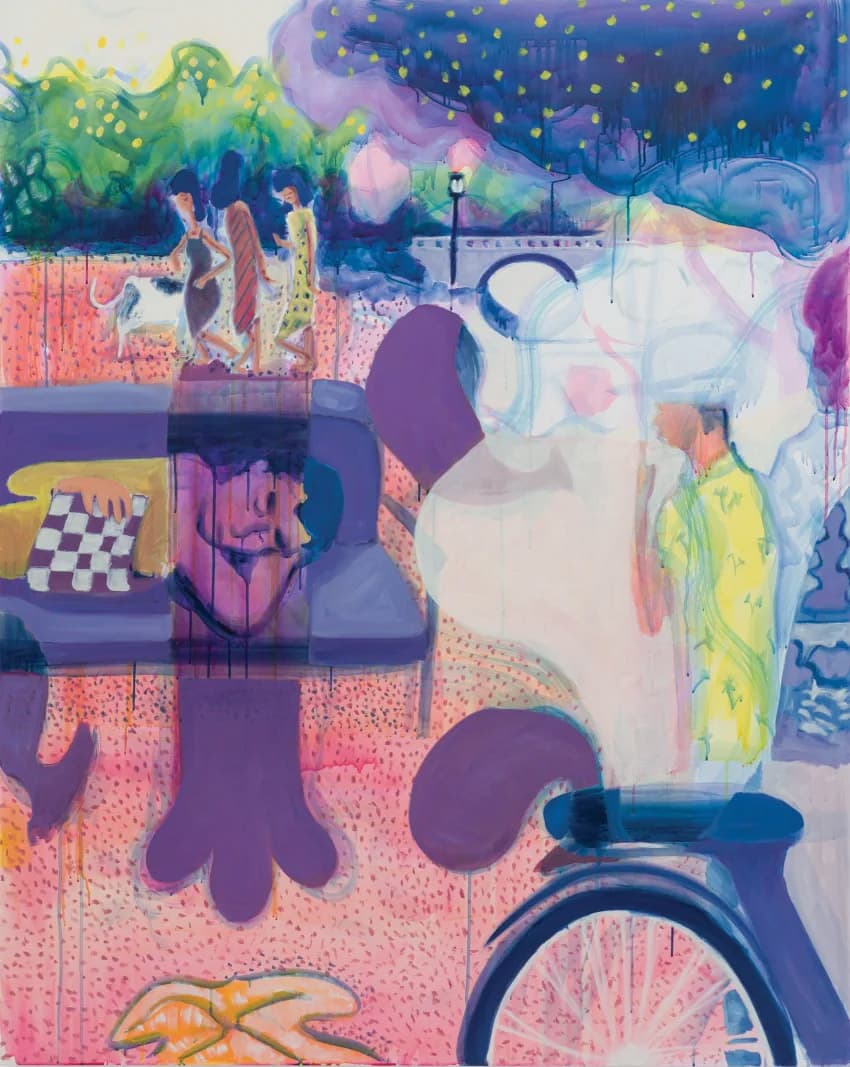 MIKO VELDKAMP. RECURRING DREAMS, 2023. OIL, ACRYLIC AND INK ON CANVAS, 152.5 X 122 CM.