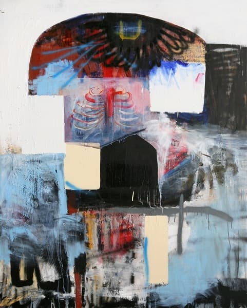 복어갈비뼈, oil, spray, graphite, enamel on canvas, 162.2x130.3, 2015