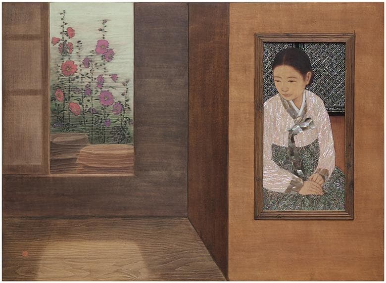 김덕용, 차경 - 뒤안, 118x160cm, 나무에 자개, 단청기법, 2017