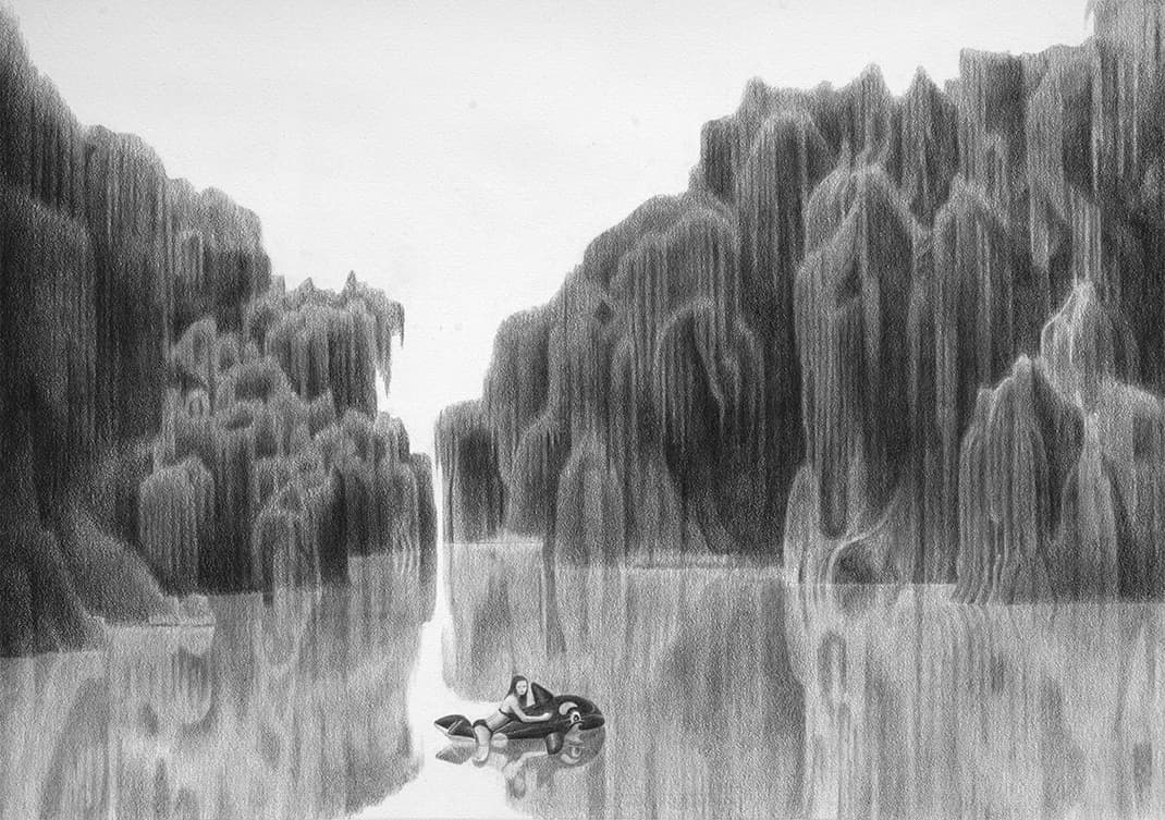 Night Gallery, 2014, Pencil on white paper, 52.6 x 74.8cm